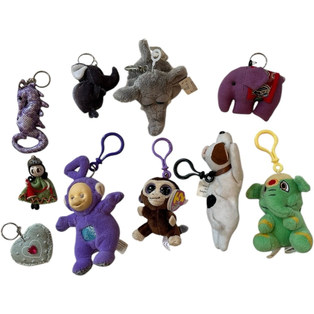 Lot (10) Vintage Bag Clips & Key Chains Stuffed Plush Tubbie Monkey Elephant